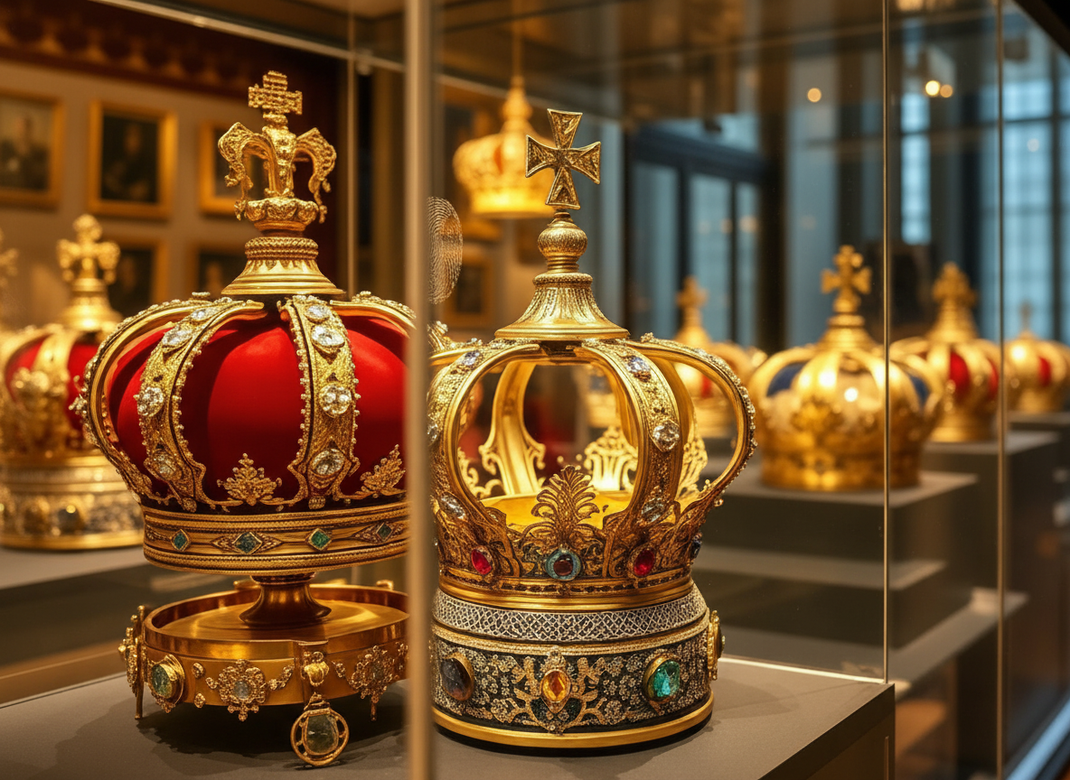 Crown Jewels display with Imperial State Crown and coronation regalia